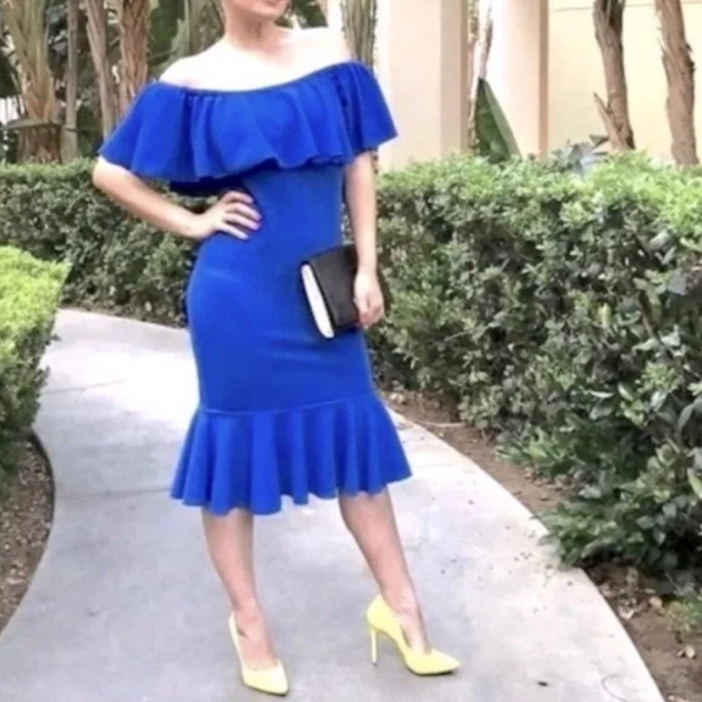 LulaRoe CiCi Royal Blue Off Shoulder Ruffle Mermaid Dress NWT Small